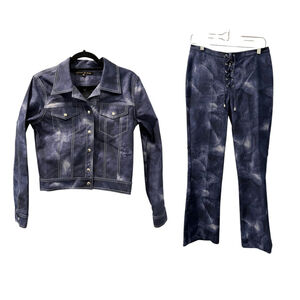 Vintage Y2K Dina Bar-El Pants Blazer Set Denim Blue Size Medium Tie Front Pants